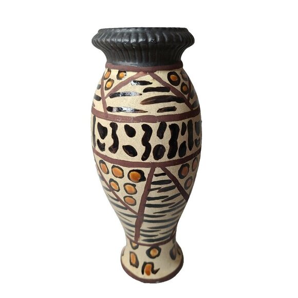 Vintage African Pottery Terracotta Candle Holder Stand Hand Painted Tribal Art - Picture 1 of 7